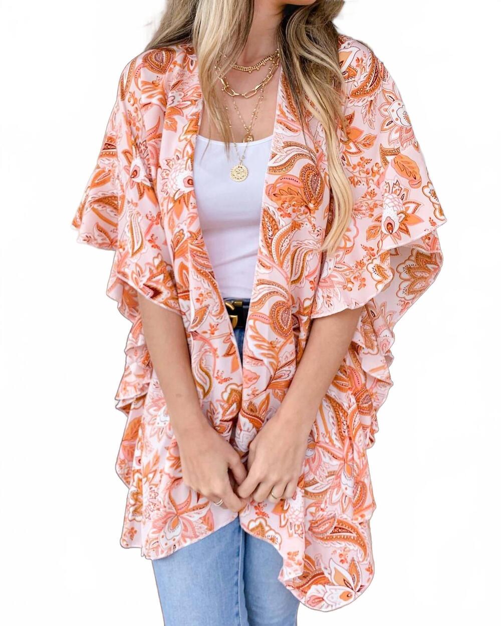 NEW AMOLI floral ruffle sleeve kimono in peach